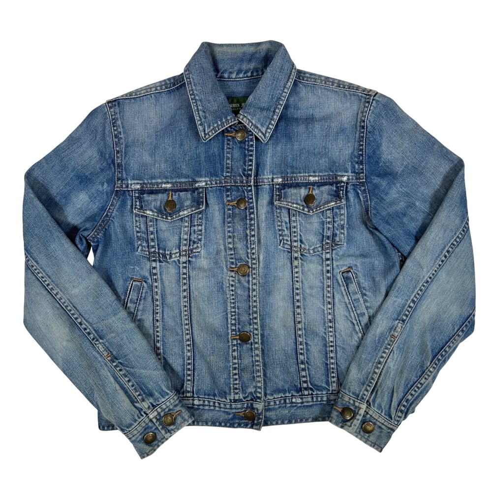Lauren Jeans Co Ralph Lauren Womens Blue Denim Trucker Jacket Distressed Small - Picture 1 of 8
